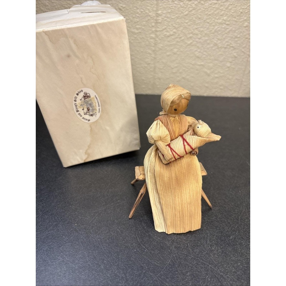 Vintage Corn Husk Doll Mother with Baby on Bench Folk Art York PA Gift Shop